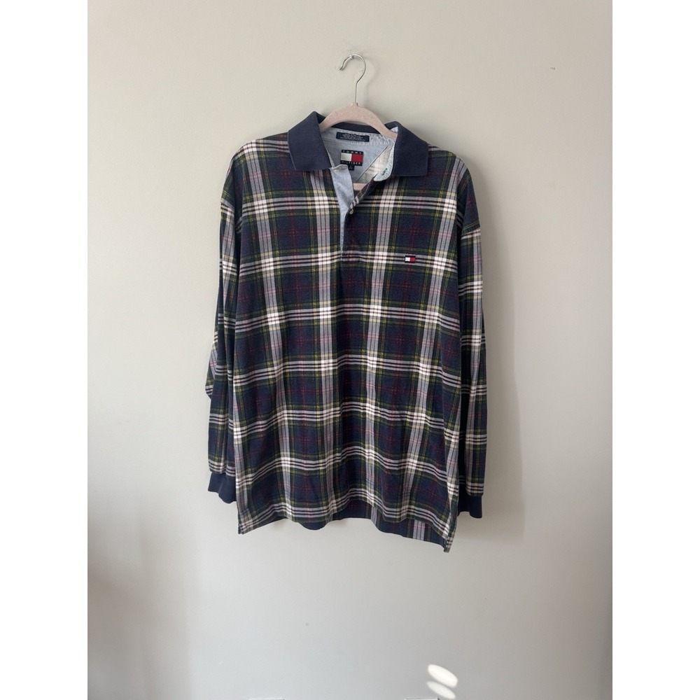 VTG 90's Tommy Hilfiger Men's Plaid Polo Collared Long Sleeve Pullover Size L